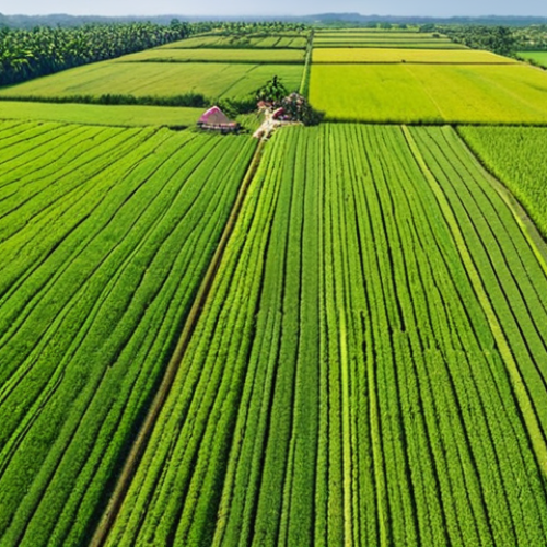 **A drone surveying a lush green agricultural field in Thailand.** The image should showcase the drone in flight, capturing an aerial view of the farmland with various crops and fields. The scene should be bright and sunny, emphasizing the technology's role in modern agriculture.