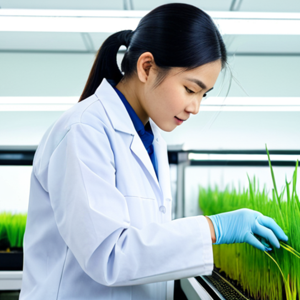 **

"A professional Thai female agricultural scientist in a fully clothed, modest lab coat, examining a rice seedling in a modern, well-lit laboratory, safe for work, appropriate content, perfect anatomy, natural proportions, professional, family-friendly, high resolution."

**