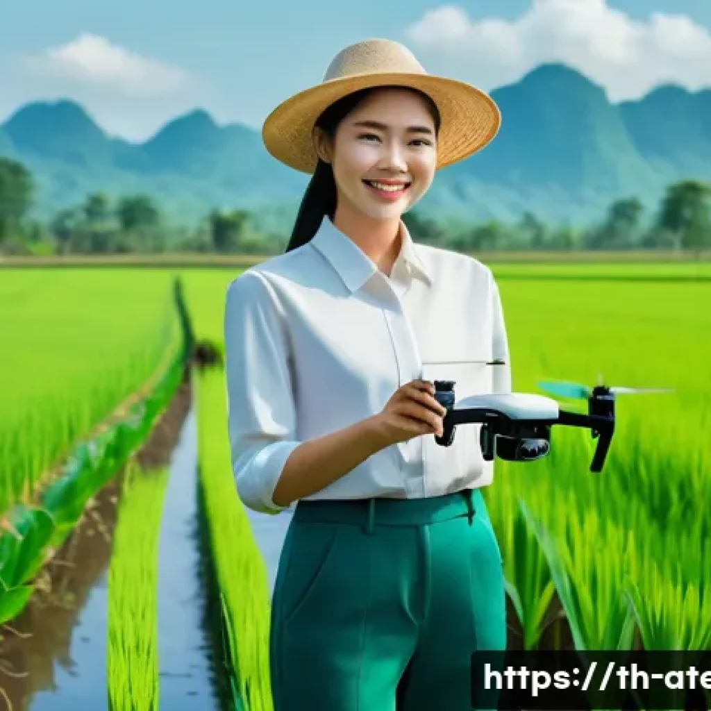 농업기술 분야의 최신 트렌드 - **A vibrant scene of modern Thai agriculture featuring a young, enthusiastic female farmer.** She st...