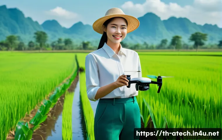 농업기술 분야의 최신 트렌드 - **A vibrant scene of modern Thai agriculture featuring a young, enthusiastic female farmer.** She st...