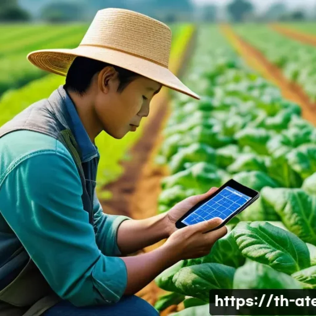 농업기술 분야 학회 및 세미나 소개 - A modern Thai farmer using an advanced smart sensor system in a lush green vegetable field under bri...