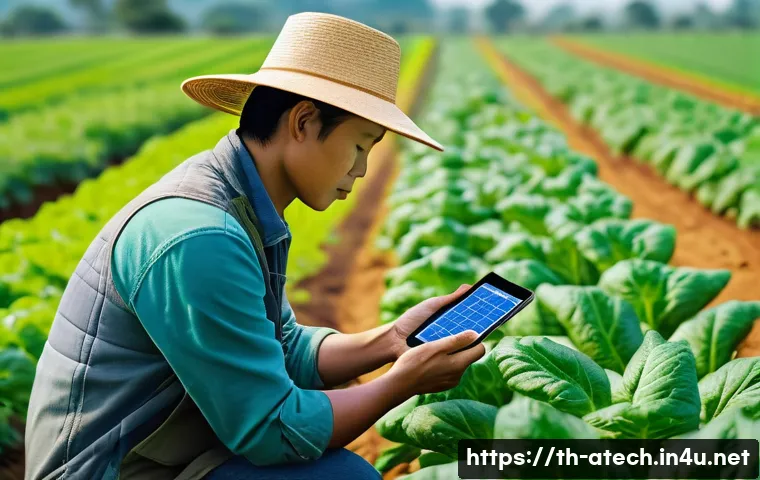 농업기술 분야 학회 및 세미나 소개 - A modern Thai farmer using an advanced smart sensor system in a lush green vegetable field under bri...