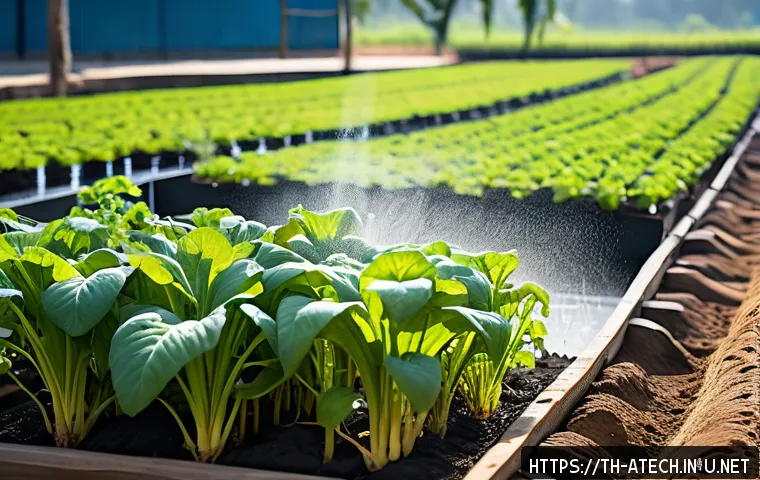 농업기술 실무 경험 활용법 - A modern vegetable garden in a Thai farm setting featuring a sophisticated drip irrigation system wi...