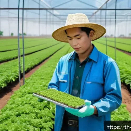 Home 17 농업기술과 품질 관리의 관계 - A modern Thai agricultural field with advanced sensors installed among lush green crops, showing rea...