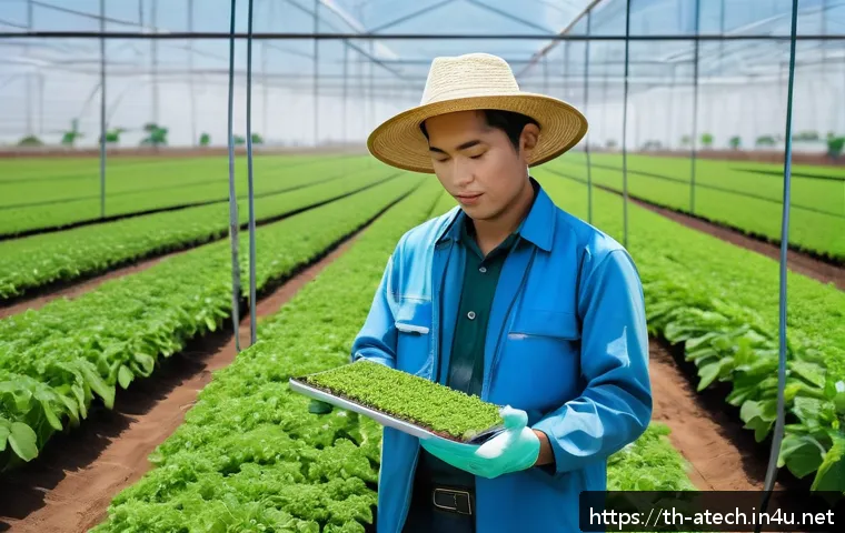농업기술과 품질 관리의 관계 - A modern Thai agricultural field with advanced sensors installed among lush green crops, showing rea...