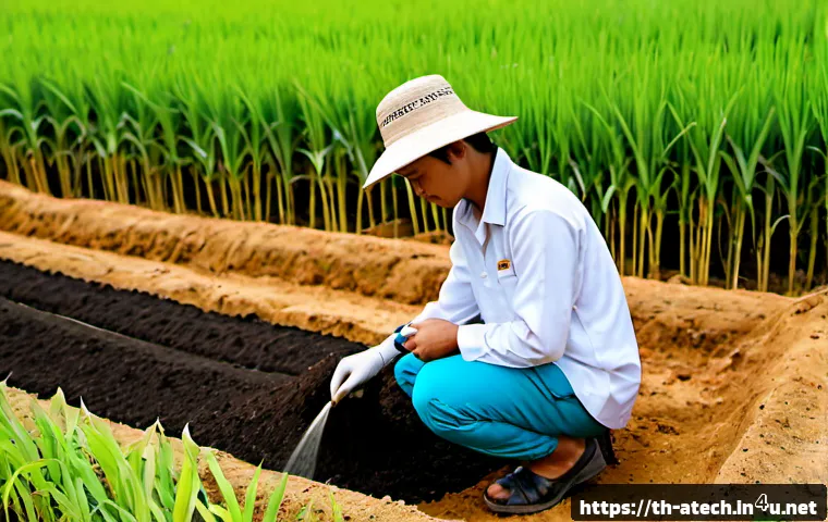 농업기술과 토양 관리 실습 사례 - Photorealistic Thai agricultural extension training scene in a lush rice field, a Thai farmer in pra...
